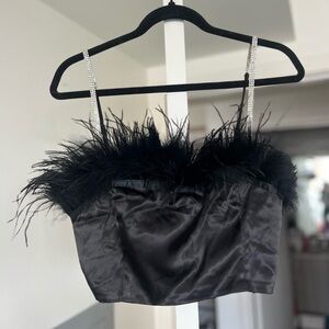 Lulu's Black Satin Top with Feather Detail- L